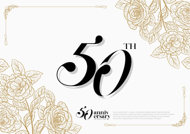Vecteur célébration élégante du 50e anniversaire sur fond d'or et de fleurs de rose