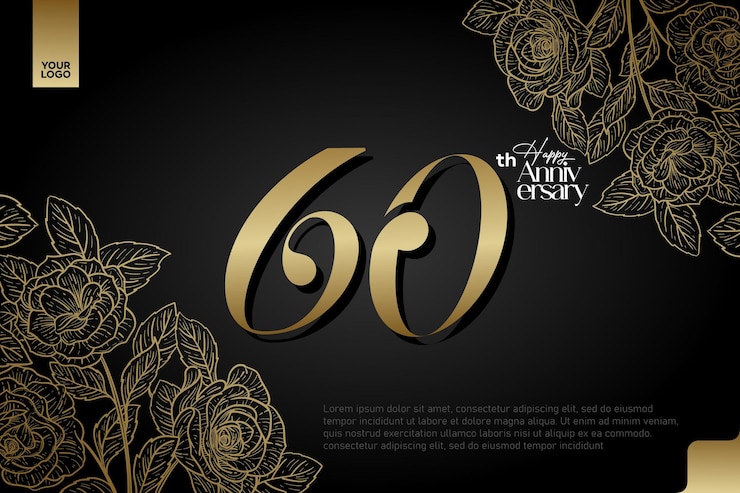 Vecteur célébration élégante du 60e anniversaire sur fond d'or et de fleurs de rose