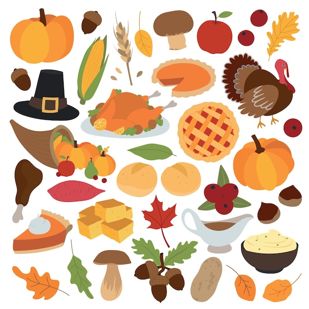 Célébration des fêtes de Thanksgiving choses et objets liés. Collection d'illustrations dessinées à la main