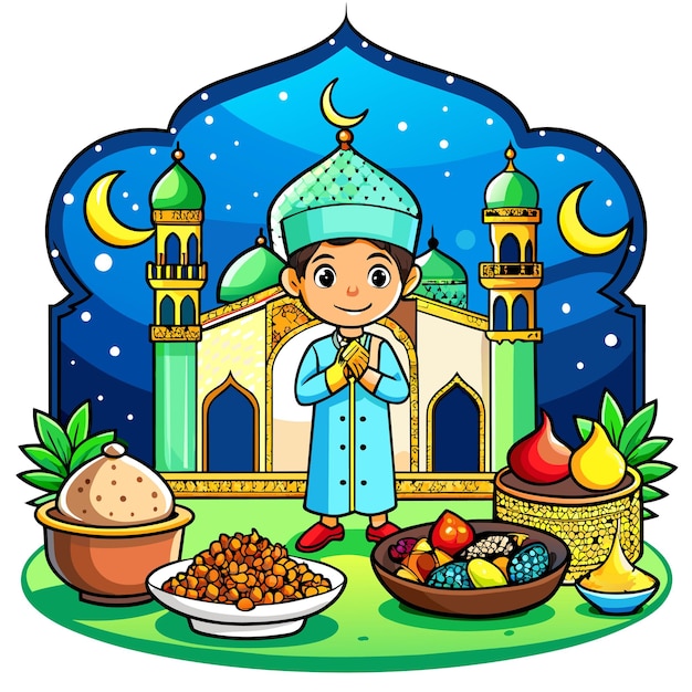 Vecteur célébration islamique du ramadan fête iftar mascotte dessinée à la main personnage de dessin animé autocollant concept d'icône