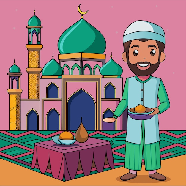 Vecteur célébration islamique du ramadan fête iftar mascotte dessinée à la main personnage de dessin animé autocollant concept d'icône