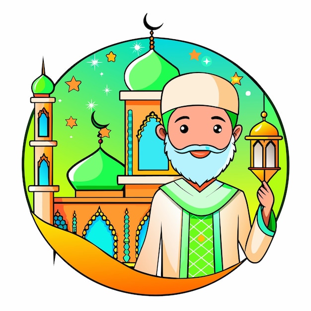 Vecteur célébration islamique du ramadan fête iftar mascotte dessinée à la main personnage de dessin animé autocollant concept d'icône