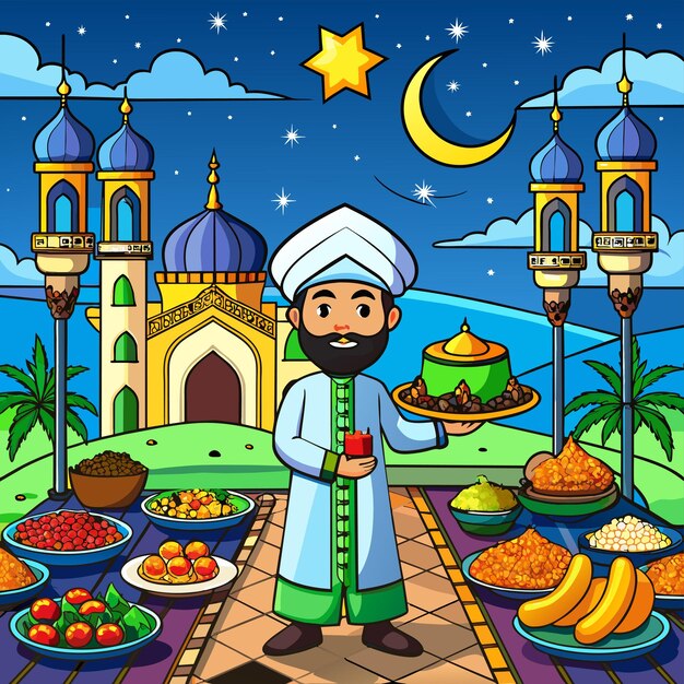 Vecteur célébration islamique du ramadan fête iftar mascotte dessinée à la main personnage de dessin animé autocollant concept d'icône