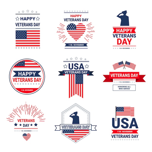 Célébration de la Journée des anciens combattants National American Holiday Icons Set, Collection de carte de voeux avec drapeau USA