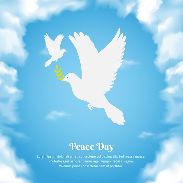 Vecteur célébration de la journée internationale de la conception de la paix avec des nuages et des pigeons réalistes