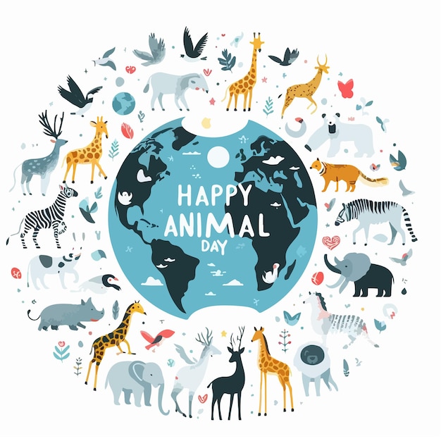 Vecteur célébration de la journée mondiale des animaux avec différents types d'animaux de dessins animés concept d'affiche de bannière