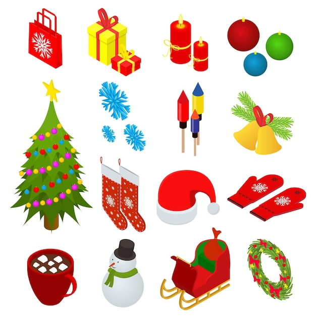 Célébration De Noël Set Icons 3d Isometric View Vector