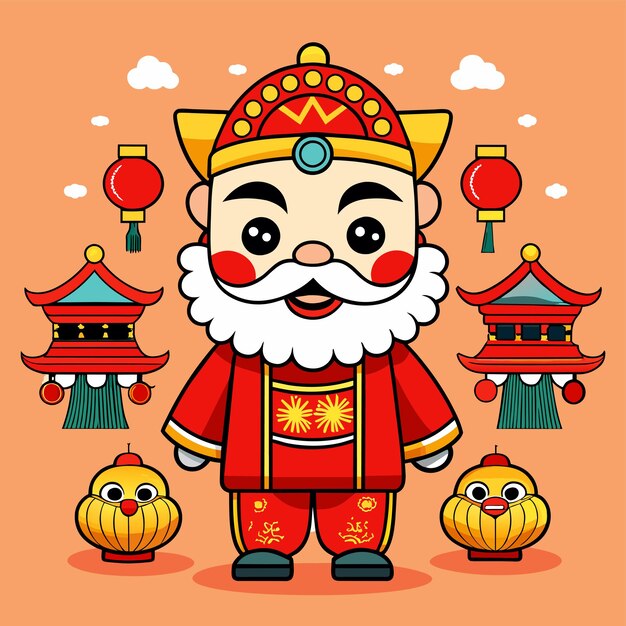 Vecteur célébration traditionnelle du nouvel an chinois mascotte dessinée à la main concept d'icône d'autocollant de personnage de dessin animé