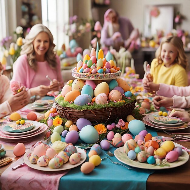 Célébrer La Pâques Et L'image Colorée D'une Famille Rassemblée Autour D'une Table Magnifiquement Décorée