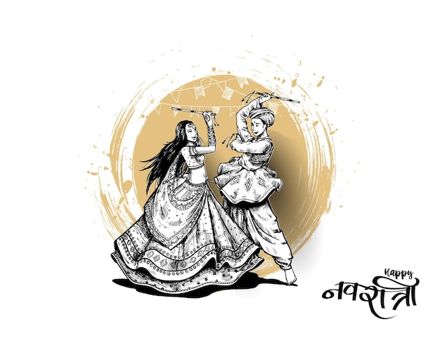 Célébrez Le Festival Navratri Avec Le Vecteur De Conception D'hommes Et De Femmes Garba Dansants, Illustration Vectorielle Dessinée à La Main.