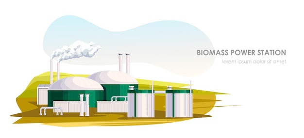 Centrale électrique à biomasse sur le terrain ressource énergétique alternative environnement écologie usine de technologie industrielle source électrique naturelle renouvelable et propre illustration vectorielle