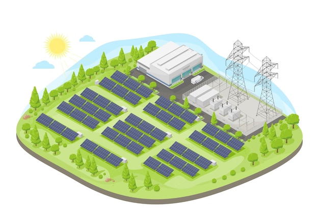 Centrale électrique De Ferme Solaire Avec Cellule Solaire énergie Verte Concept De Centrale électrique écologie électricité Isométrique