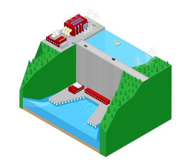 Centrale électrique D'usine Hydroélectrique Isométrique. Illustration