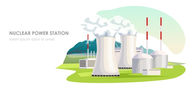 Vecteur centrale nucléaire production d'énergie centrale nucléaire production d'électricité centrale environnementale technologie industrielle bâtiment électrique paysage avec champ de montagne illustration vectoriel