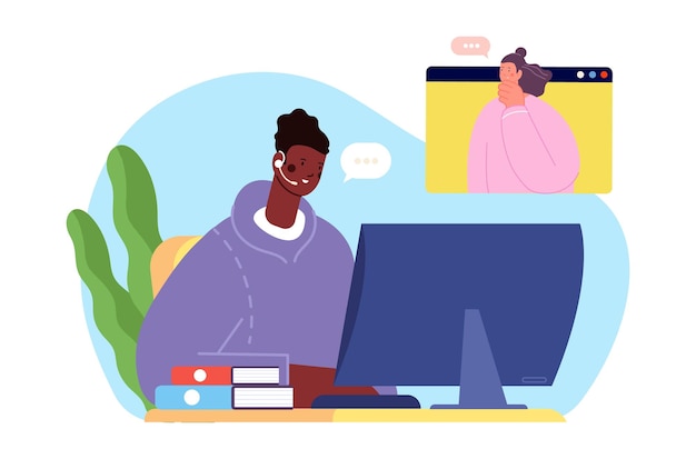 Centre d'aide en ligne Homme du service d'assistance discutant avec une fille Assistant à distance ou assistant chat virtuel et concept de vecteur d'appel