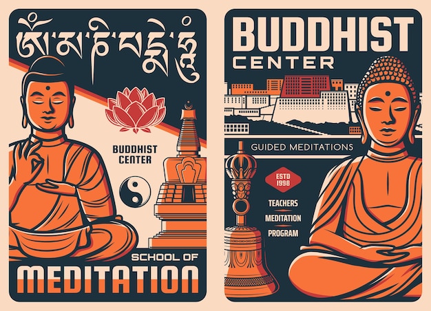 Centre bouddhiste, affiches rétro de la religion du bouddhisme