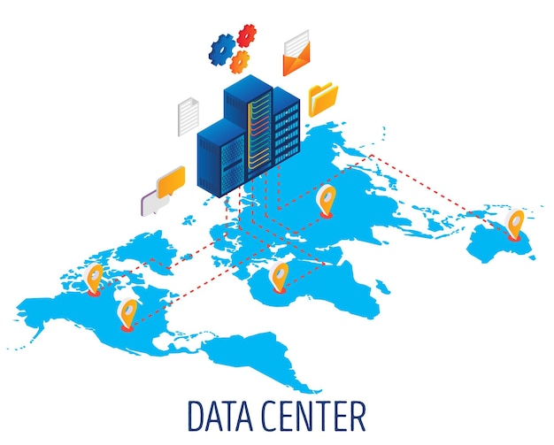 Centre De Données, Hébergement Illustration Isométrique De Concept De Vecteur