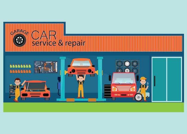 Vecteur centre de service et de réparation de voitures ou garage avec travailleur