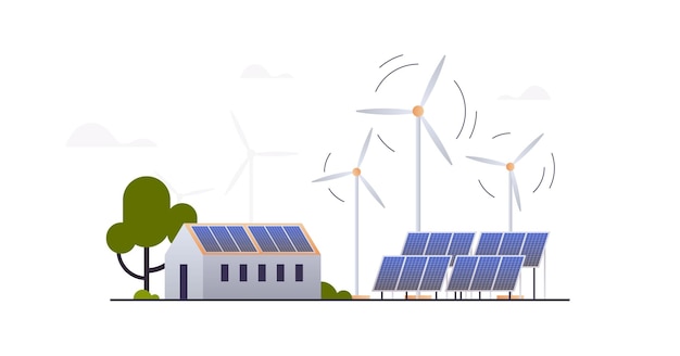 Centre-ville vert avec maisons privées et panneaux d'énergie solaire, moulins à vent, énergie renouvelable éco-ville.