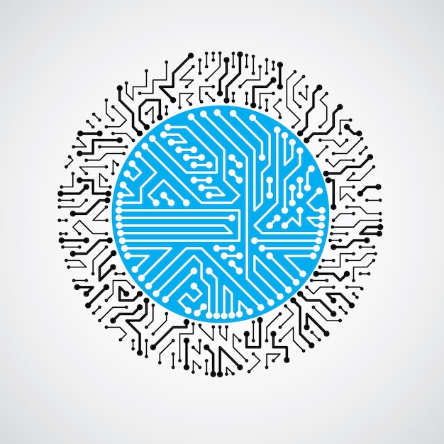 Cercle de circuit imprimé vectoriel, abstraction des technologies numériques. Schéma de microprocesseur d'ordinateur bleu, design futuriste.