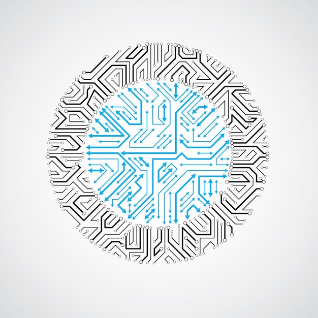 Cercle de circuit imprimé vectoriel, abstraction des technologies numériques. Schéma de microprocesseur d'ordinateur bleu avec flèches, design futuriste.