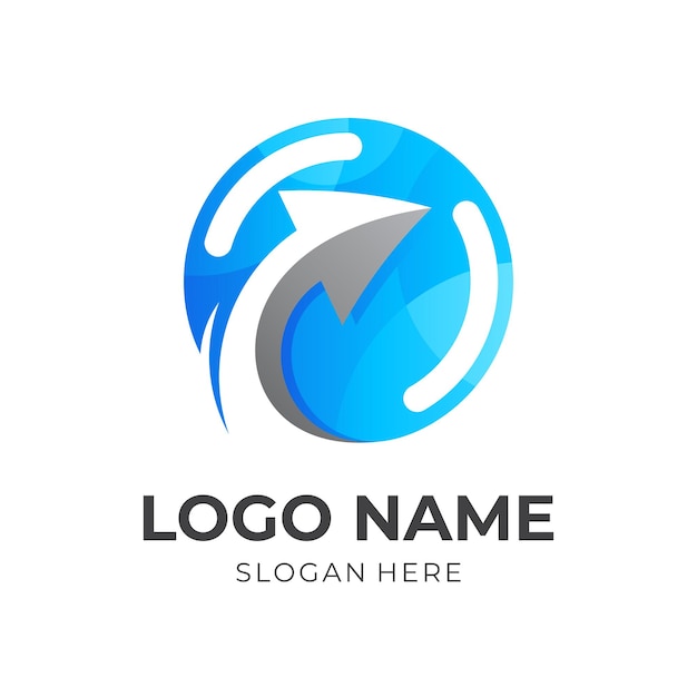 Vecteur cercle de conception de logo de flèche de bulle et logo de combinaison de flèche avec le style de couleur bleue 3d
