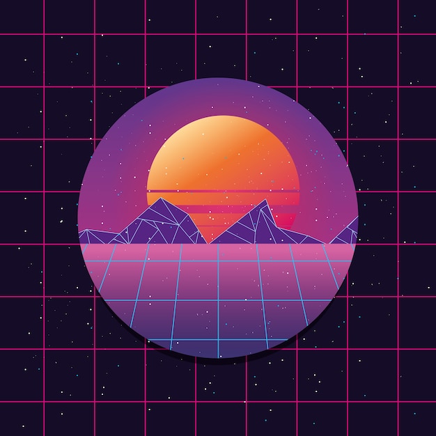 Cercle Avec Coucher De Soleil Futuriste Rétro Avec Soleil Et Montagnes