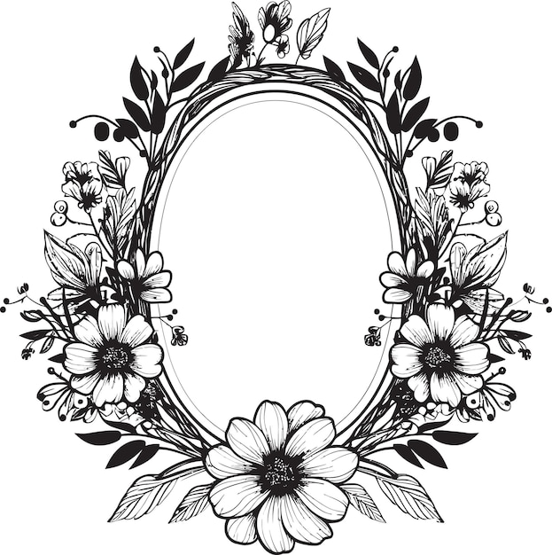 Cercle floral radiant cadre vectoriel noir pétale gracieux bordant logo décoratif noir