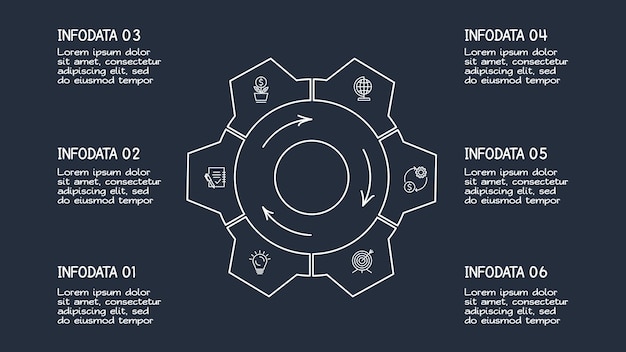 Cercle infographique sombre avec modèle de 6 éléments pour le web sur une présentation d'entreprise de fond noir