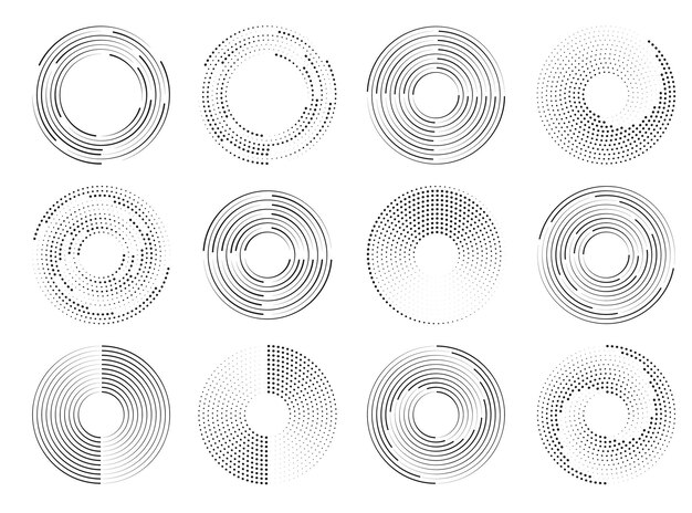 Cercle de lignes de vitesse en pointillés ensemble de lignes de vitesse en pointillés demi-teintes épaisses noires, tourbillon rond et courbes