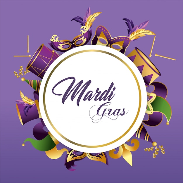 Vecteur cercle merdi gras emblème avec décoration de masques et chapeaux