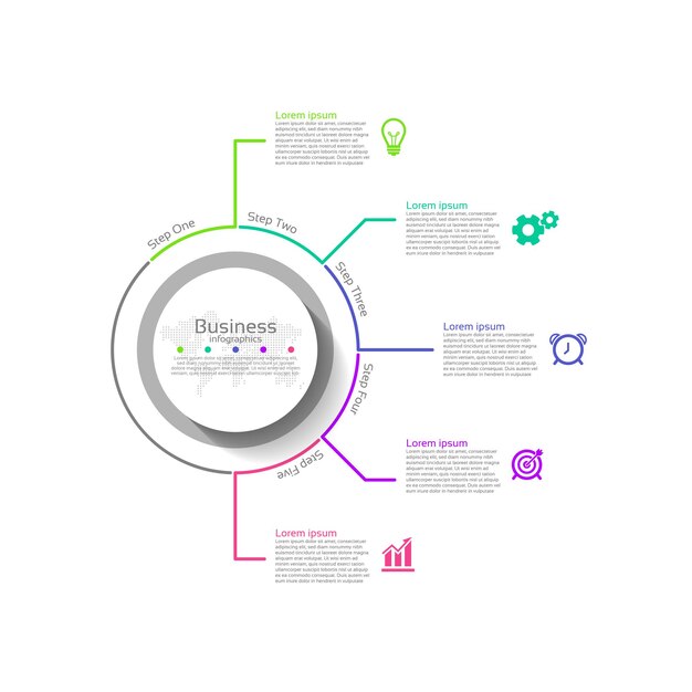Cercle De Modèle De Fond Plat Abstrait D'infographie D'affaires Coloré Avec Cinq étapes