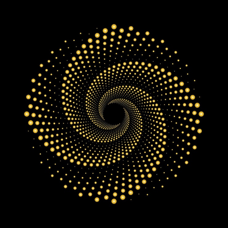 Vecteur cercle de motif de tourbillon en pointillé doré sur fond noir. vecteur de particules de vortex en spirale d'or.