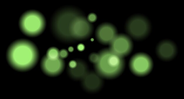 Des cercles bokeh flous verts sur fond noir avec une lueur douce imitant des lumières éloignées ou des reflets défocalisés dans un environnement de faible luminosité