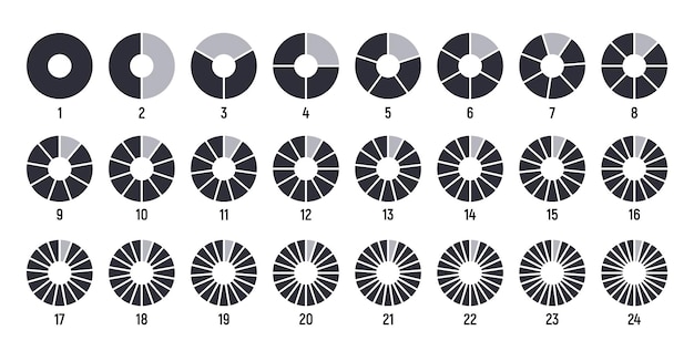 Des cercles divisés en parties à partir d'un graphique rond noir pour une portion de tarte infographique ou une tranche de pizza