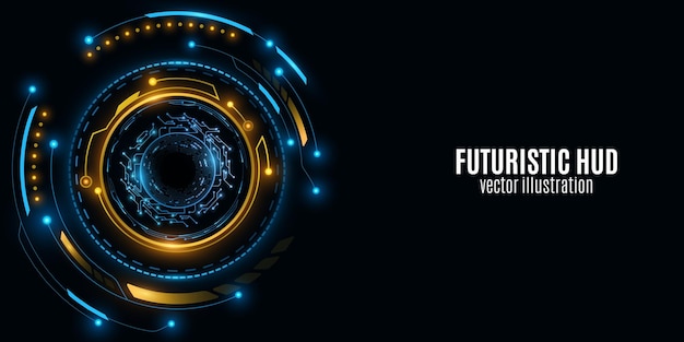 Des cercles HUD avec des effets de lumière tableau de bord futuriste carte de circuit électronique sur un fond noir interface graphique et interface utilisateur conception vectorielle