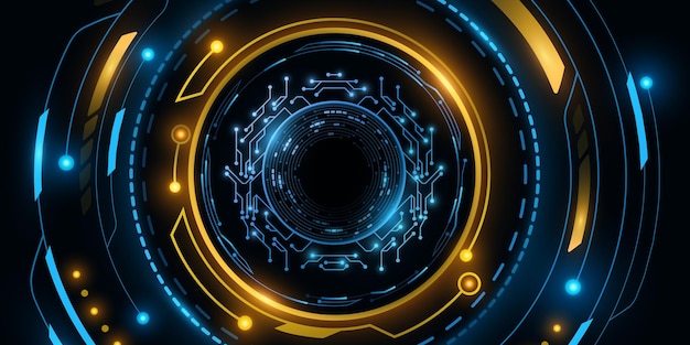 Des cercles HUD lumineux numériques avec des effets de lumière tableau de bord futuriste carte de circuit électronique sur un fond noir interface graphique et interface utilisateur illustration vectorielle