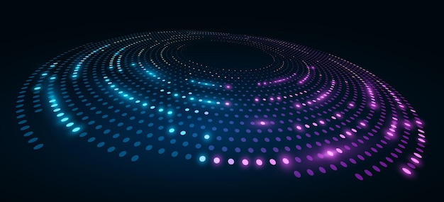 Des cercles numériques de points bleus et violets brillants sur un fond noir Vue en perspective du cercle ponctué abstrait Visualisation de grandes données dans le cyberspace Illustration vectorielle