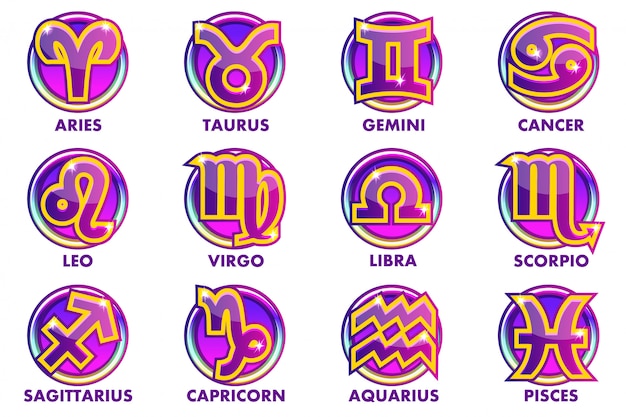 Cercles Violet Astrologie Signes, 12 Symboles Du Zodiaque. Icônes D'application Pour L'interface Utilisateur