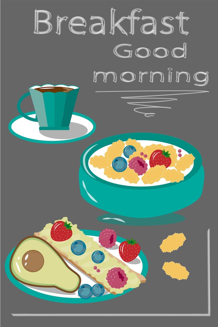 Vecteur céréales pour le petit déjeuner avocats fraises bleuets framboises pain croustillant tasse de café fond gris