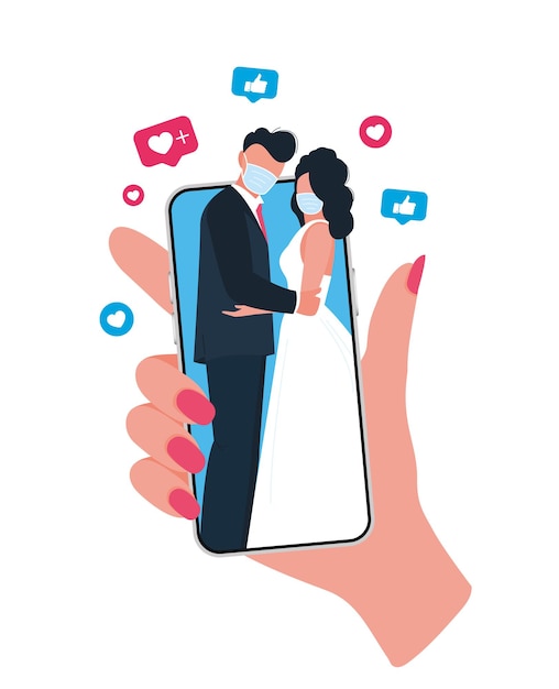 Cérémonie De Mariage En Ligne Avec Smartphone Jeunes Mariés Portant Des Masques Nouveau Normal
