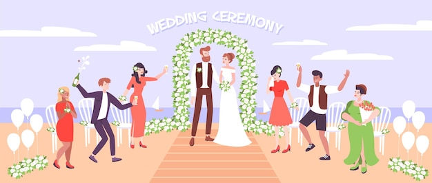 Cérémonie De Mariage Sur La Plage De La Mer Avec Un Couple Juste Marié Sous L'arc De Mariage Décoré De Fleurs