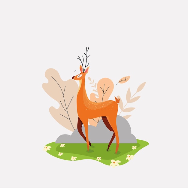 Vecteur un cerf de bande dessinée se tient sur une herbe verte et le mot cerf est sur le fond blanc.