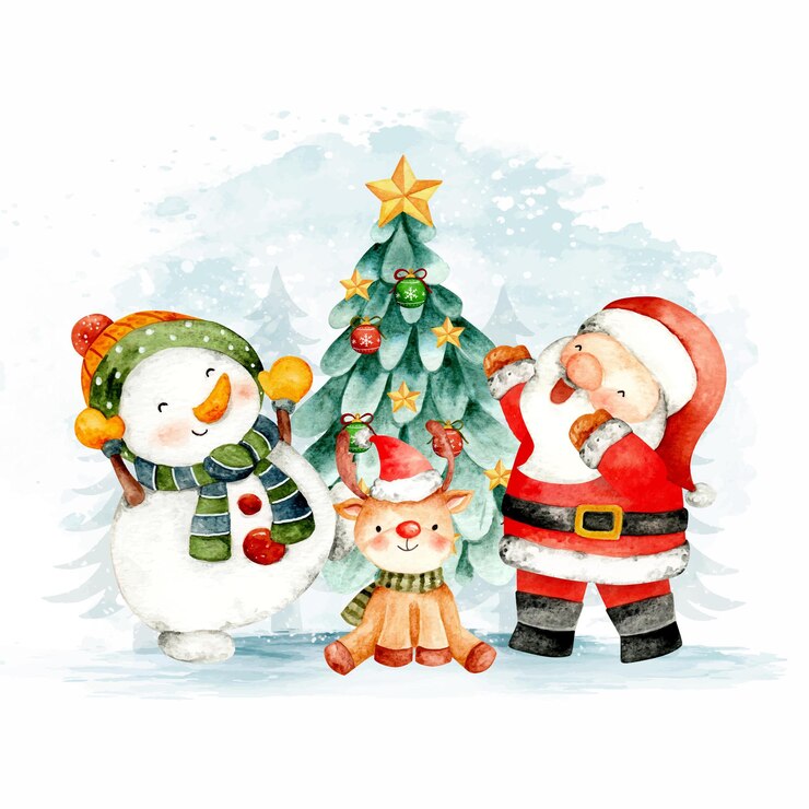 Vecteur cerf de bonhomme de neige aquarelle santa claus et arbre de noël