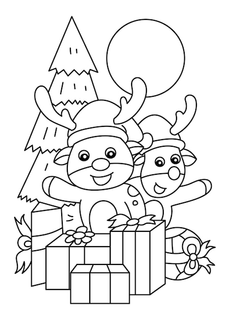 Cerf Avec Cadeau Coloriage Ou Livre Pour Enfants Vecteur