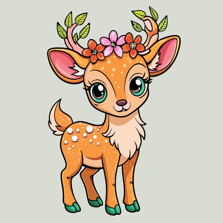Le cerf avec des cornes florales Art vectoriel de dessin animé
