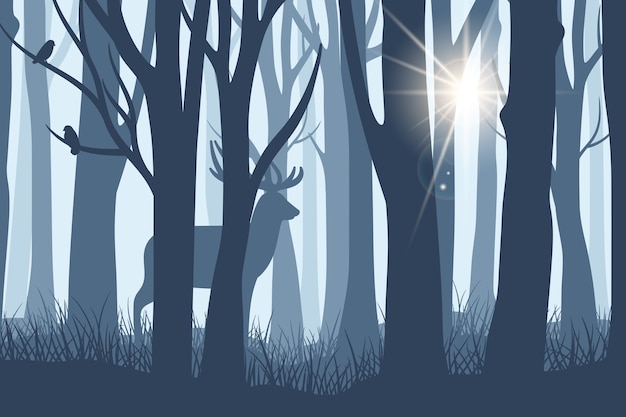 Vecteur cerf dans un paysage forestier. silhouette de biche ou de renne sauvage sur fond d'arbres bois sombres avec rayon de soleil à travers l'illustration vectorielle de brouillard