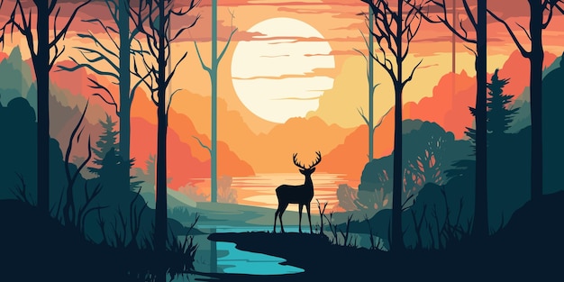 Vecteur cerf debout sur le fond de la forêt de rêve pendant la conception de l'affiche vectorielle du coucher du soleil de couleur orange