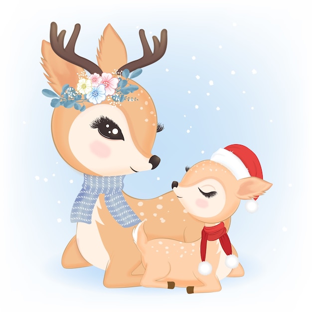 Cerf De La Famille Mignonne Avec Bonnet De Noel