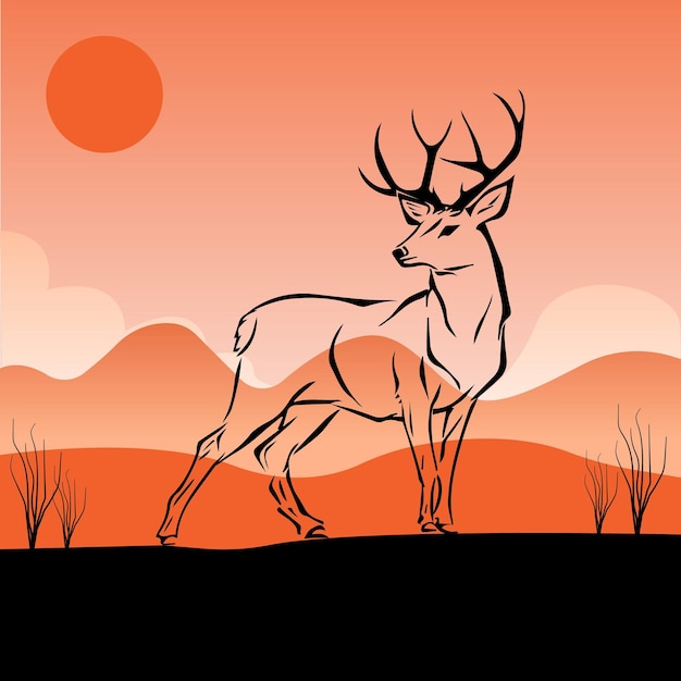 Cerf sur le fond d'un paysage d'été Cerf de contour sur le fond des montagnes et du coucher du soleil